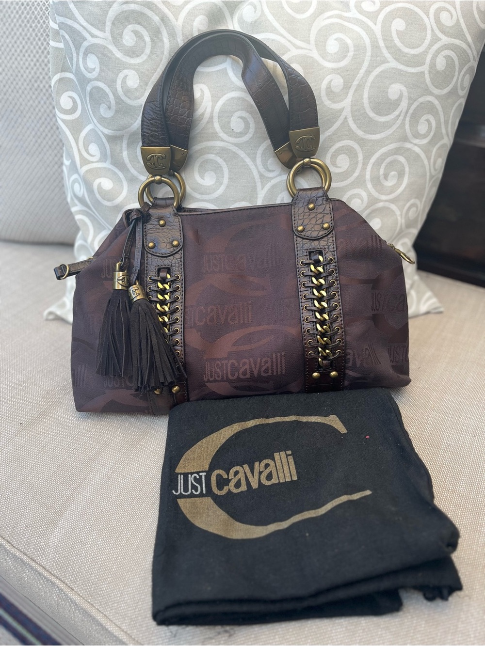 Just Cavalli Dark Brown Logo Satchel with Tassel Accent